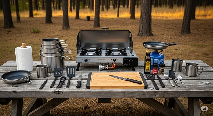 A complete camping kitchen kit laid out on a picnic table, featuring a portable stove, pots, pans, utensils, and a cutting board, ready for outdoor cooking.