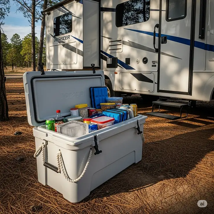 A large, durable cooler for RV camping positioned next to an RV, demonstrating its ample capacity for holding provisions for a long weekend trip.
