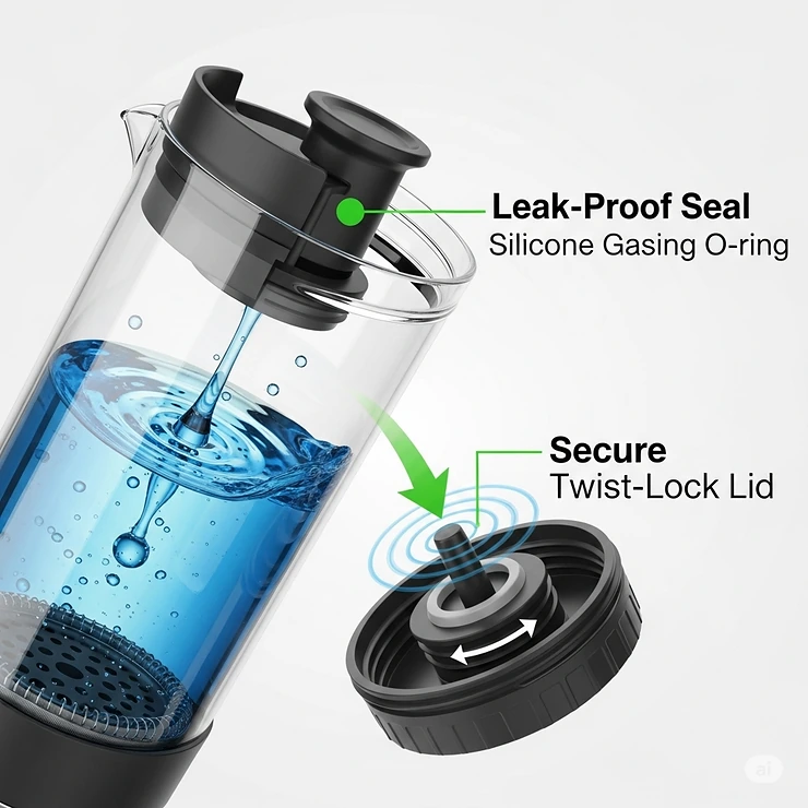A graphic demonstrating the leak-proof seal and secure lid of a travel coffee press, highlighting its spill-free design.