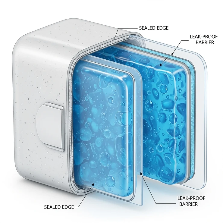 An illustration highlighting the leak-proof, sealed design of a high-quality ice pack.