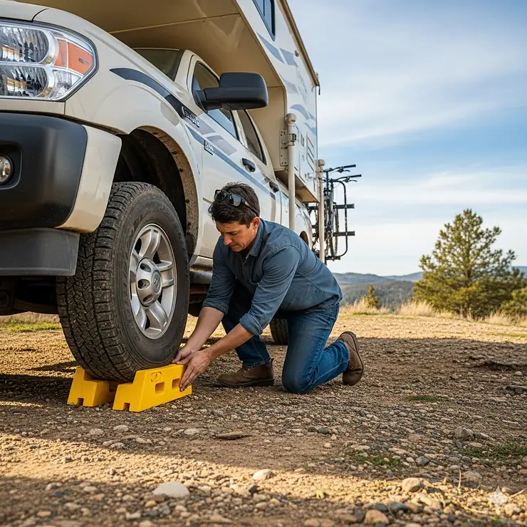A person placing leveling blocks under the wheels of a truck camper on uneven ground, showing a practical accessory for stable parking.