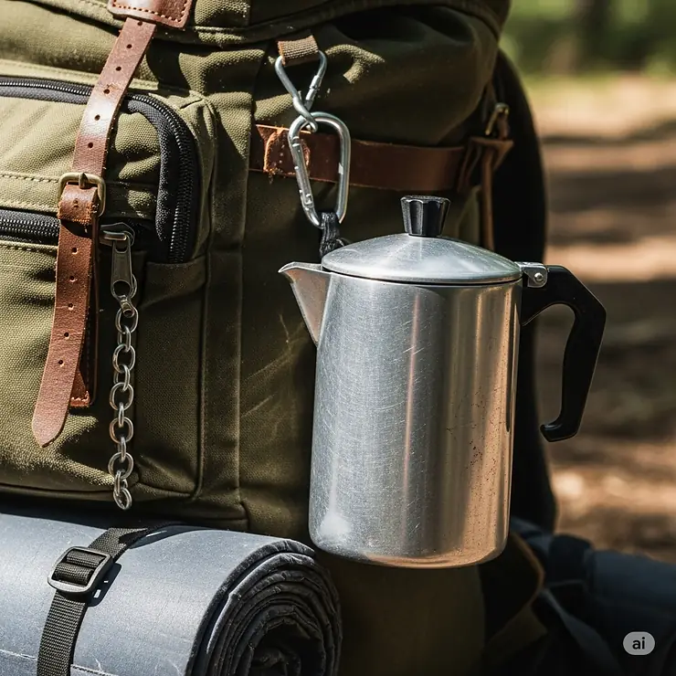 A lightweight, classic aluminum coffee percolator is shown hanging from a backpack, emphasizing its portability and suitability for backpacking trips.