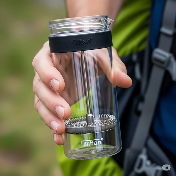 A close-up of a hand holding a lightweight French press, emphasizing its compact size and easy-to-carry design for backpacking.
