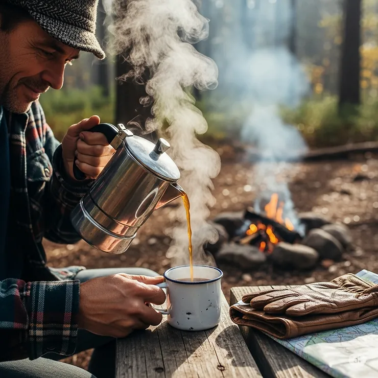 A person pouring hot coffee from a percolator into their durable camping coffee mug, highlighting the process of brewing coffee in the outdoors.