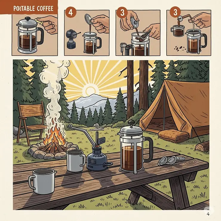 A detailed illustration showing how to make a perfect cup of coffee with a portable French press while camping.