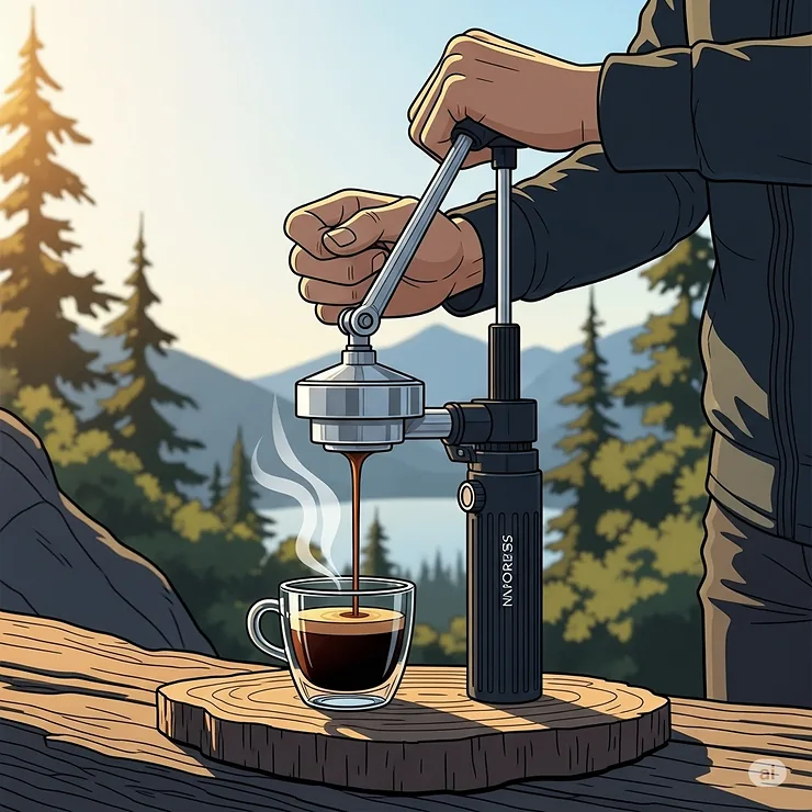 An illustration of a manual espresso press in action, highlighting the simplicity of making a perfect shot of espresso outdoors without electricity.
