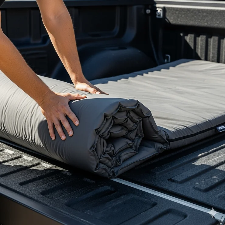 A person rolling up a deflated truck bed mattress, showing how compact it is for easy storage and portability.