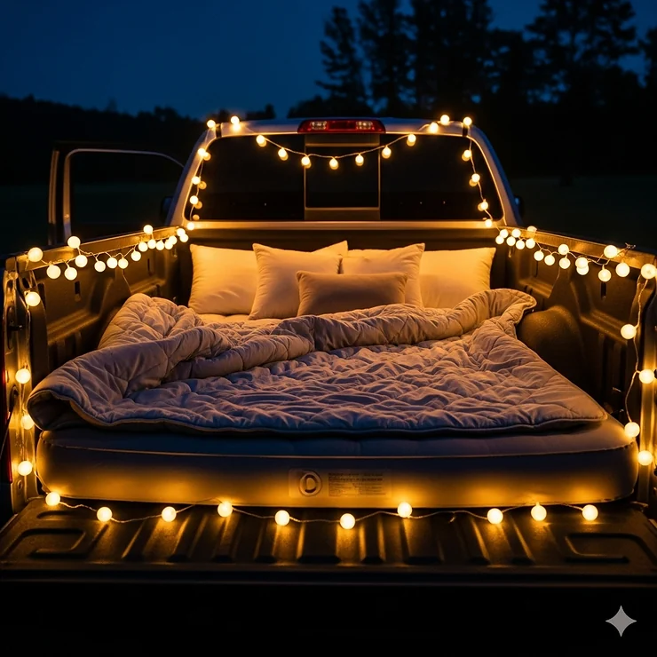 A cozy nighttime shot of a truck bed blow-up mattress with a blanket and pillows, lit by a string of fairy lights.
