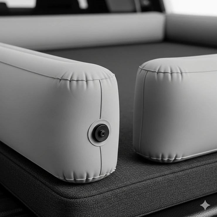 A close-up view of the inflatable side supports of a truck bed mattress, designed to prevent rolling and provide a secure fit.