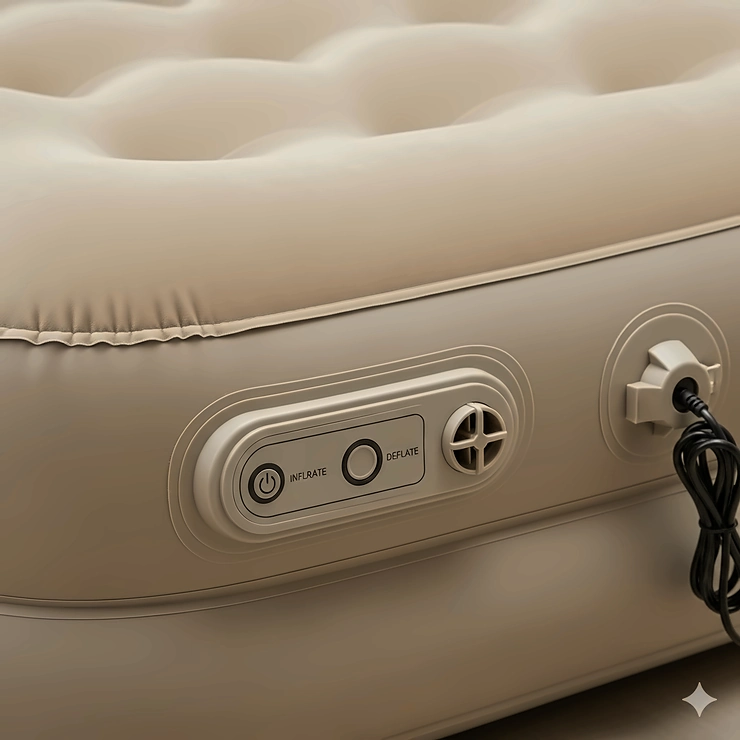 A close-up shot of a blow-up mattress with a convenient built-in electric pump for easy inflation and deflation.