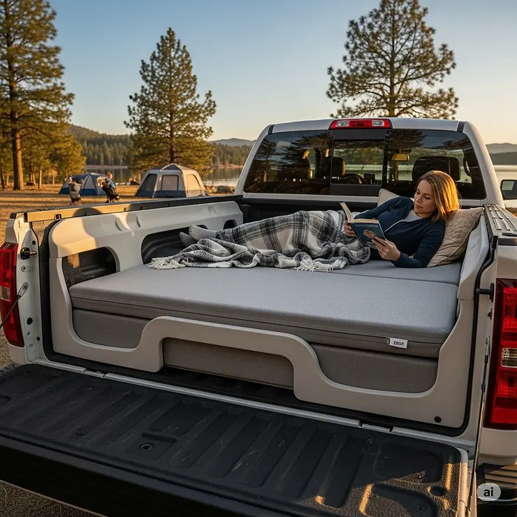 A specialized truck bed mattress featuring contoured cutouts to fit perfectly around the truck's wheel wells, maximizing sleeping space.