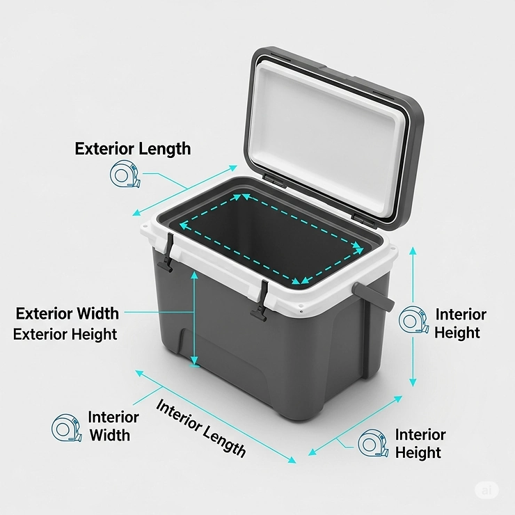 A graphic showing how to measure a cooler's interior and exterior dimensions, essential for understanding the actual capacity and finding the best size cooler for your space.