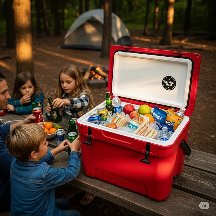 A 45-quart cooler filled with drinks and food at a campsite, demonstrating the best size cooler for a small family's weekend camping adventure.