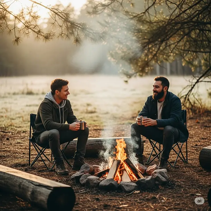 Two friends enjoying their morning coffee by a crackling campfire, capturing the peaceful and social experience of having a fresh cup of coffee while camping.