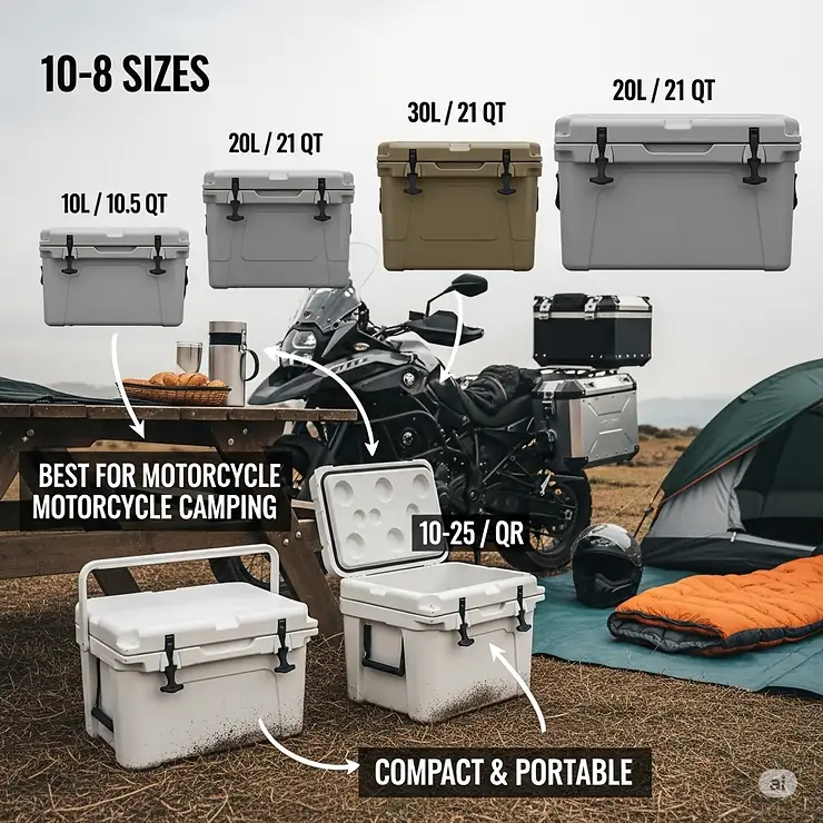 Comparison of various cooler sizes, illustrating compact options that are the best fit for motorcycle camping.