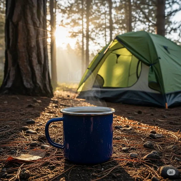 An image showing a camping coffee mug resting on the ground outside a tent, with morning light filtering through the trees.