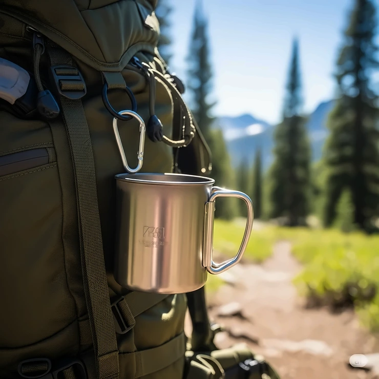 A lightweight camping coffee mug attached to the outside of a hiking backpack, demonstrating its portability and convenience for campers and hikers.