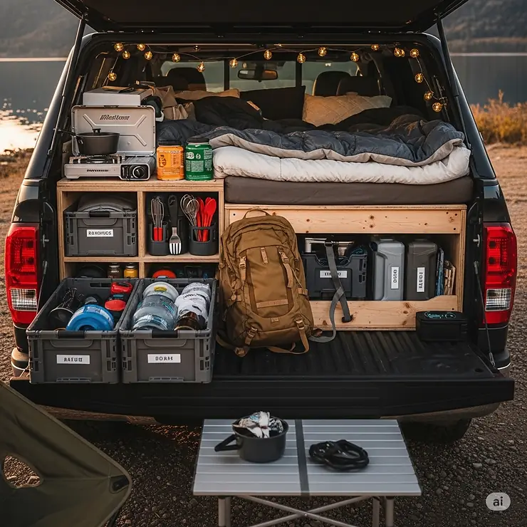 A photo demonstrating how to effectively organize camping gear and a bed for a tidy truck bed setup.