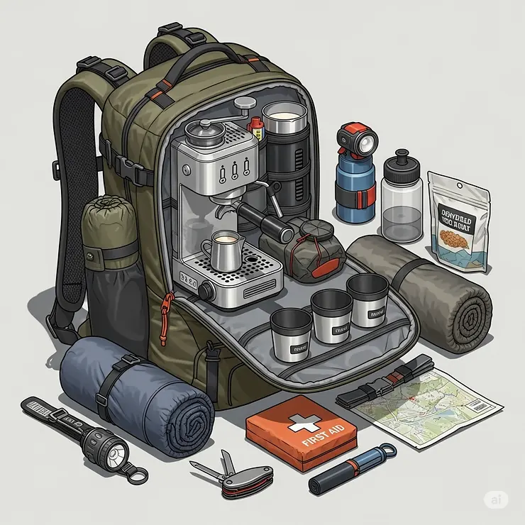 An illustration of a backpack with various camping gear, featuring a dedicated space for a compact machine espresso camping setup, emphasizing its portability.