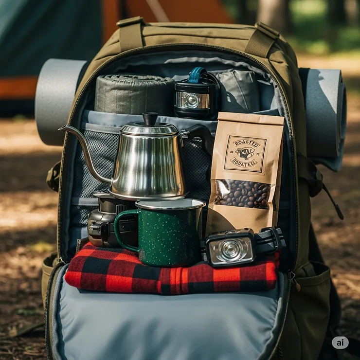 A selection of essential coffee-making gear—including a kettle, a mug, and a small bag of coffee—neatly packed into a backpack, illustrating what to bring for a camping trip.