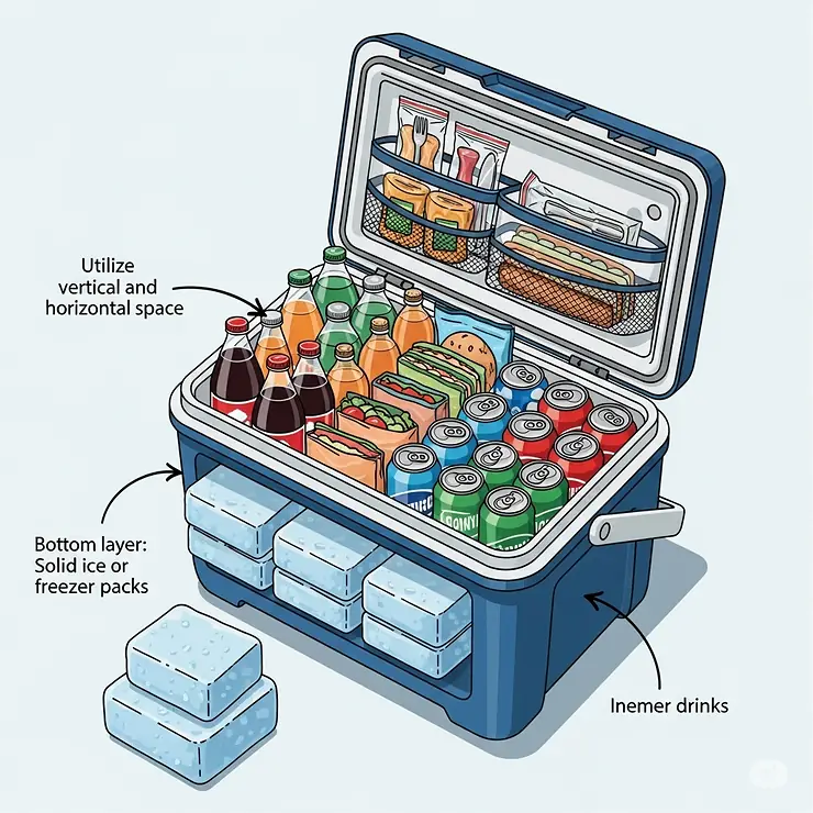 An illustration demonstrating effective packing techniques for a cooler, maximizing space regardless of the best size cooler chosen.