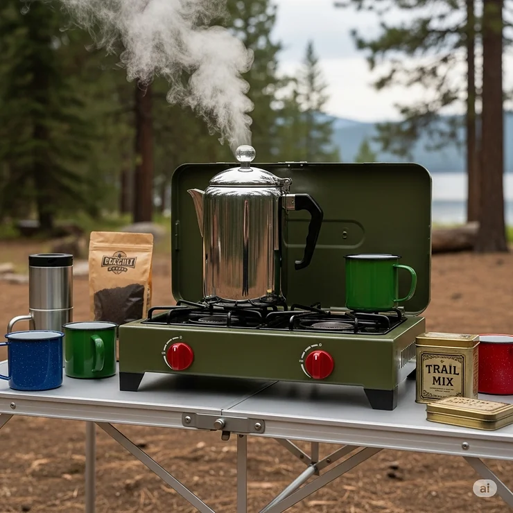 A classic stovetop percolator sitting on a portable camp stove, with steam rising from the spout, illustrating a traditional way to make coffee for a group.