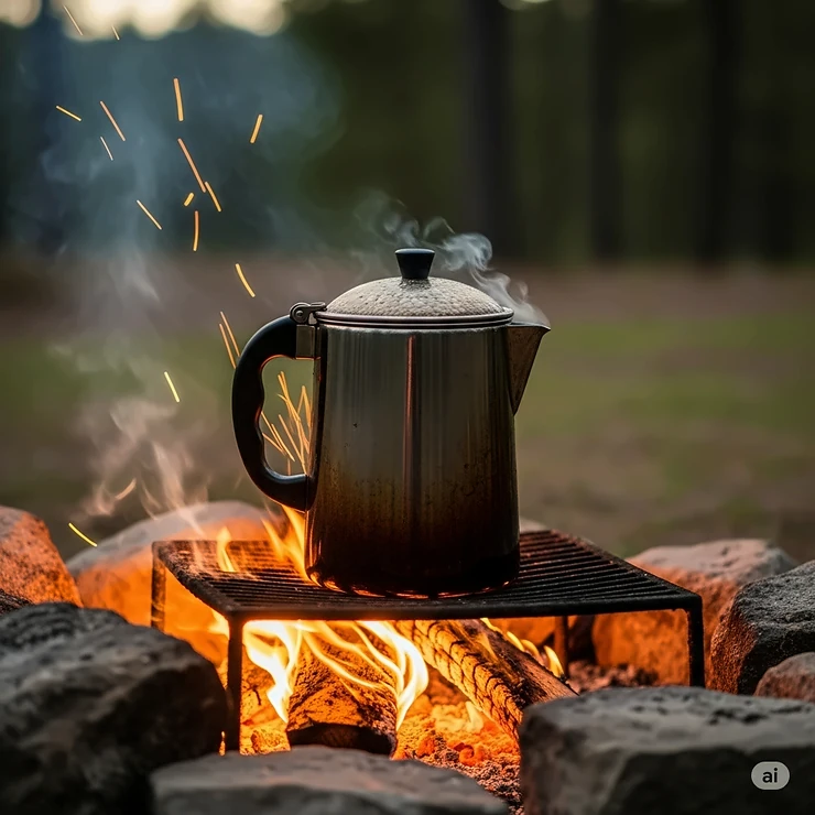 An image of a full-sized coffee percolator brewing on an open campfire, with flames flickering around the base, capturing the classic outdoor coffee experience.