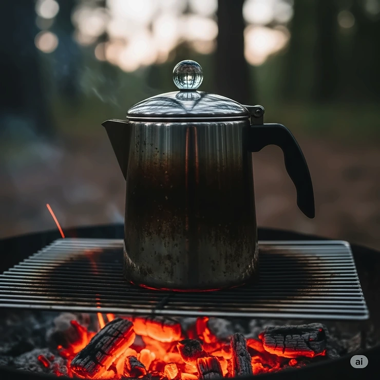 A close-up shot of a durable coffee percolator sitting on a grill over glowing campfire embers, showcasing the traditional way to brew coffee while camping.