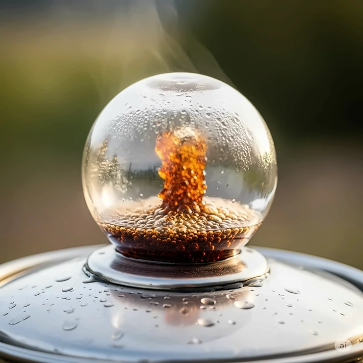 A close-up view of a glass knob on the lid of a coffee percolator, which allows campers to see when the coffee is brewing to the desired strength.