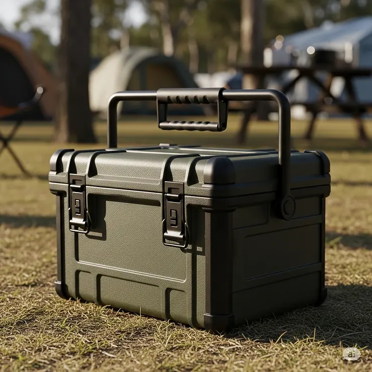A durable, closed portable camp kitchen box with a sturdy handle, showcasing its compact design for easy transport to a campsite.