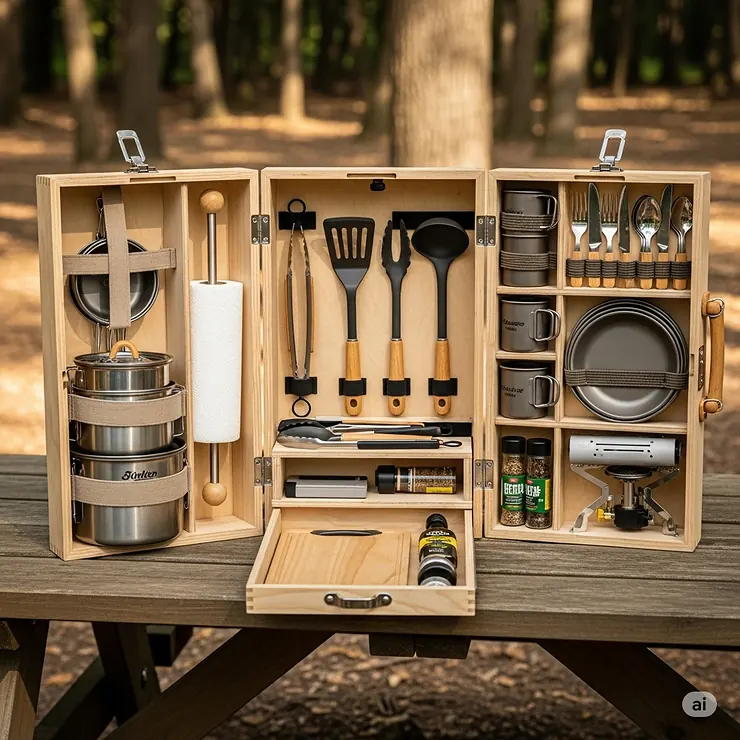 A view of the open portable camp kitchen box, revealing smart compartments designed to hold a variety of cooking gear like pots, pans, and cutlery.