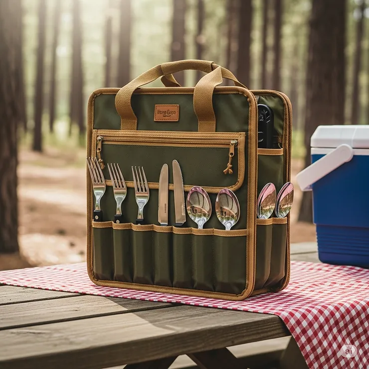 A portable camp kitchen organizer acting as a utensil holder, keeping forks, knives, and spoons neatly organized for easy access.