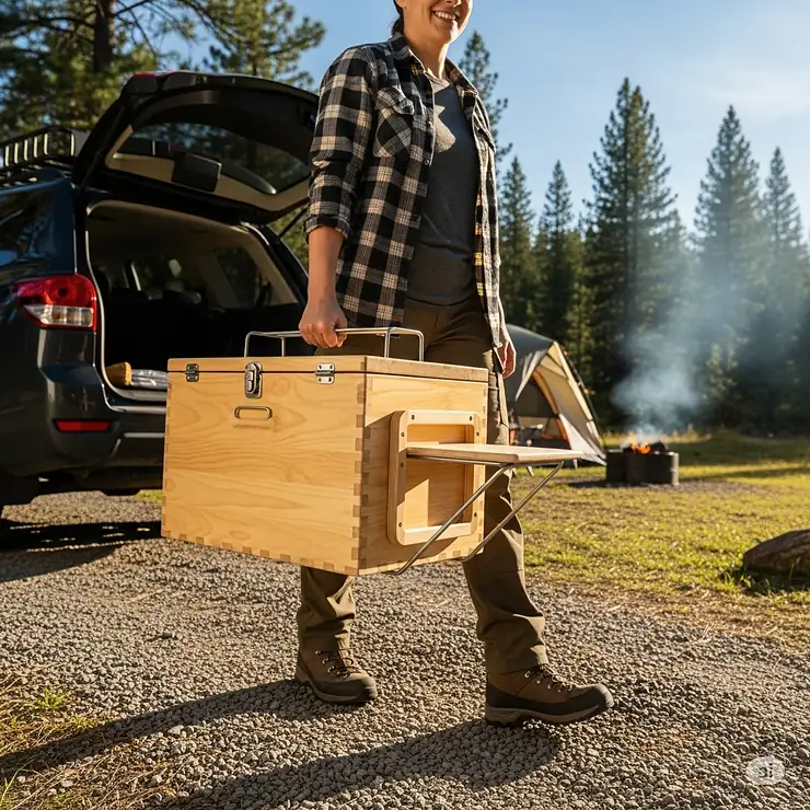 A person carrying a compact and portable camping kitchen chuck box by its sturdy handles, demonstrating how easy it is to transport from a vehicle to the campsite.