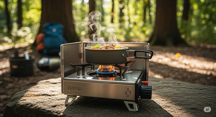 A portable, compact camping stove from a kitchen kit, with a single burner lit, cooking a meal in a small pot in an outdoor setting.