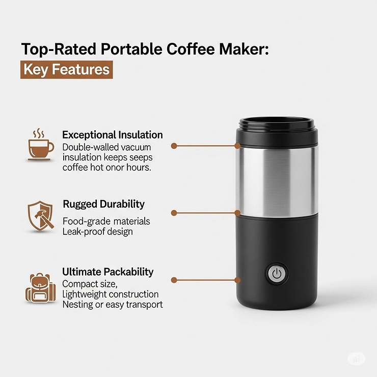 An infographic detailing the key features of a top-rated portable coffee maker, such as insulation, durability, and packability.