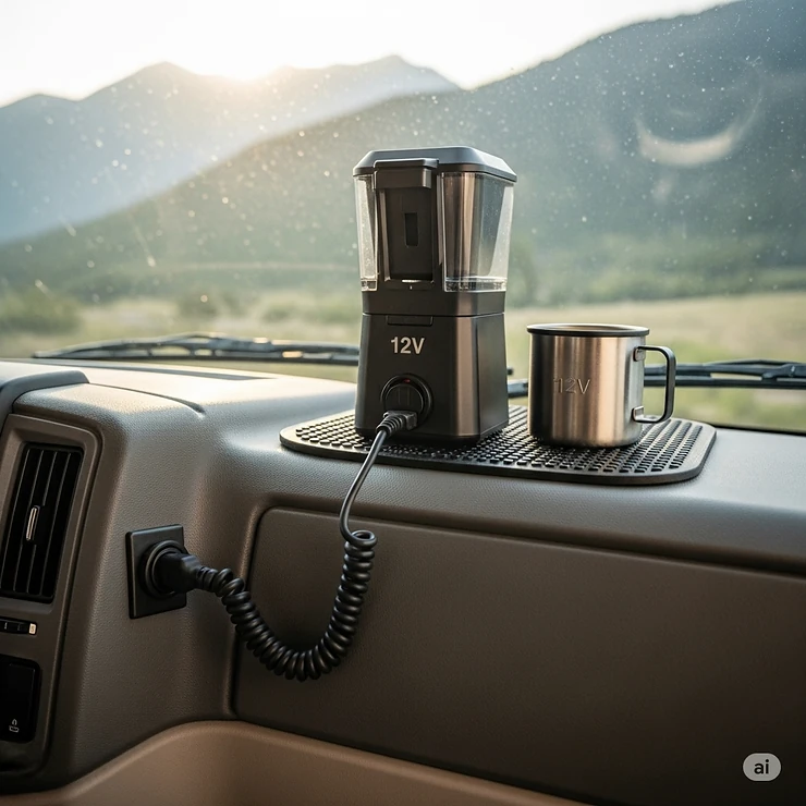 A portable coffee pot with a 12-volt plug for use in an RV's power outlet.