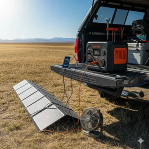 A portable power station sitting on the tailgate of a truck, with a solar panel array laid out nearby, ready to charge small electronics and run appliances.