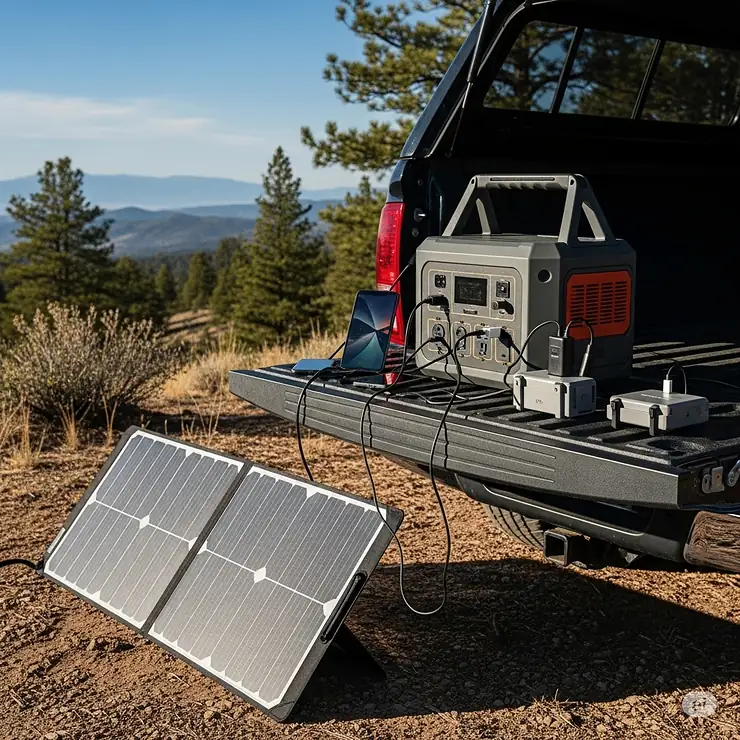 A portable power station sitting on a tailgate, connected to a solar panel, providing a reliable power source for charging electronics while truck camping.