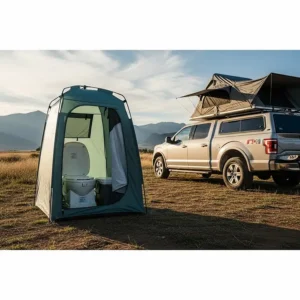 A compact, portable toilet with a privacy tent set up near the truck, providing a convenient and private restroom solution for truck campers.