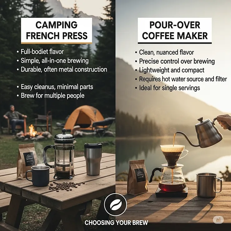 A comparison graphic outlining the differences and benefits of using a camping French press versus a pour-over coffee maker.