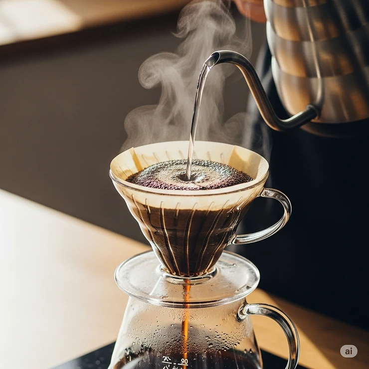 A steady stream of hot water being poured over coffee grounds in a pour-over cone, illustrating the precise technique for excellent camping pour over coffee.