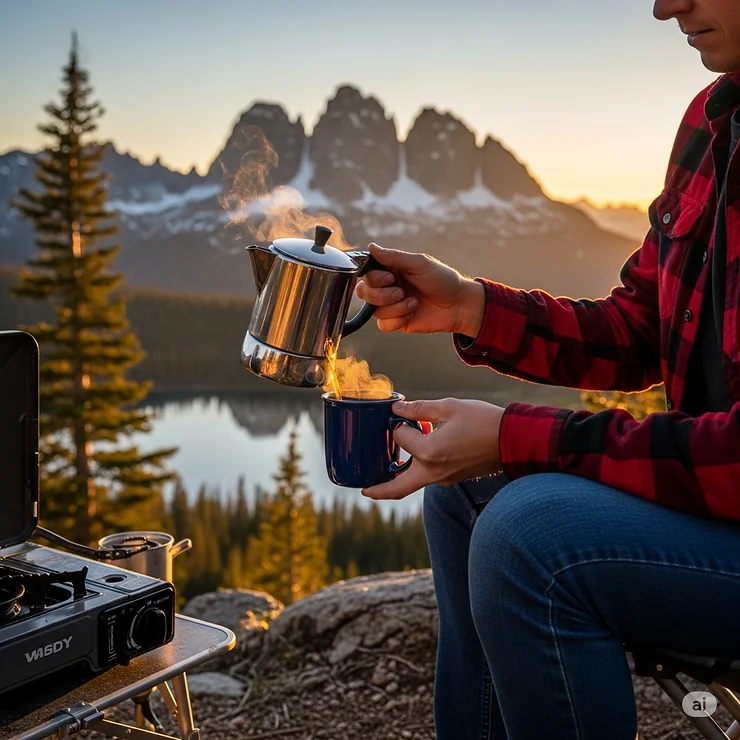 A camper in a red flannel shirt carefully pours freshly brewed coffee from the spout of a percolator into a ceramic mug, with a scenic mountain view in the background.