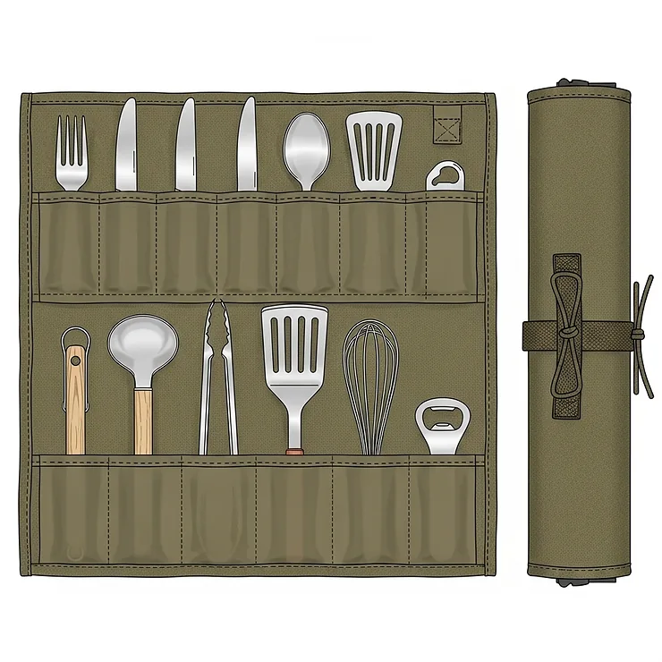 A drawing of a roll-up utensil organizer for camping, showing separate slots for forks, knives, spoons, and other cooking tools.