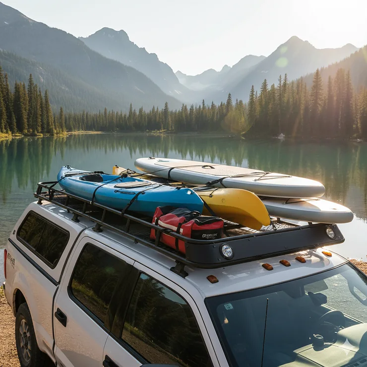 A low-angle view of a truck camper roof rack holding kayaks, illustrating how this accessory expands carrying capacity for recreational equipment.
