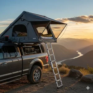A durable rooftop tent fully deployed on top of a truck, offering an elevated and secure sleeping solution with an impressive view.