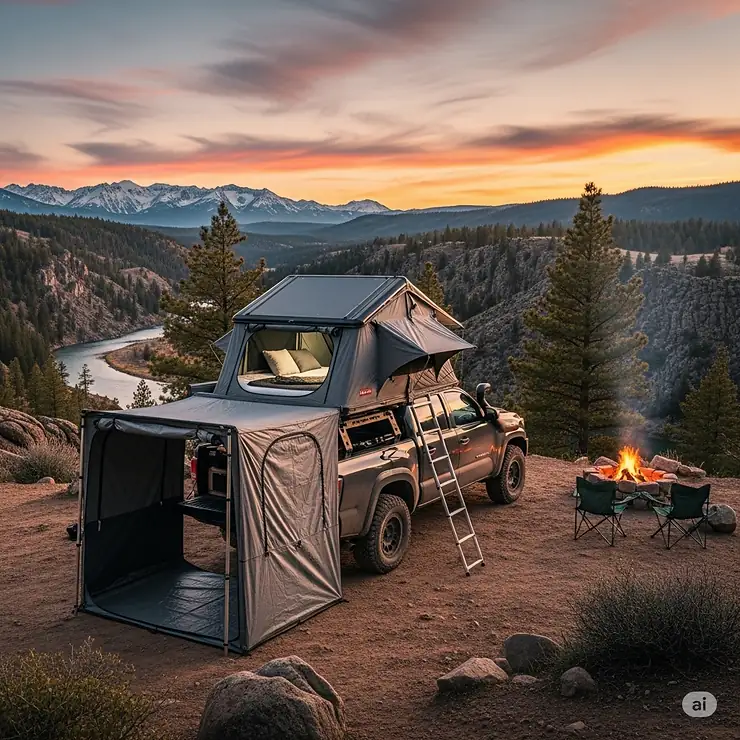 A durable rooftop tent, an popular piece of truck camping gear, is fully deployed on top of a pickup truck in a scenic wilderness location.