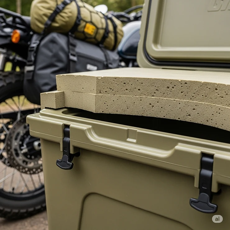 Close-up of a rotomolded cooler, emphasizing its thick insulation, ideal for keeping contents cold during motorcycle camping.