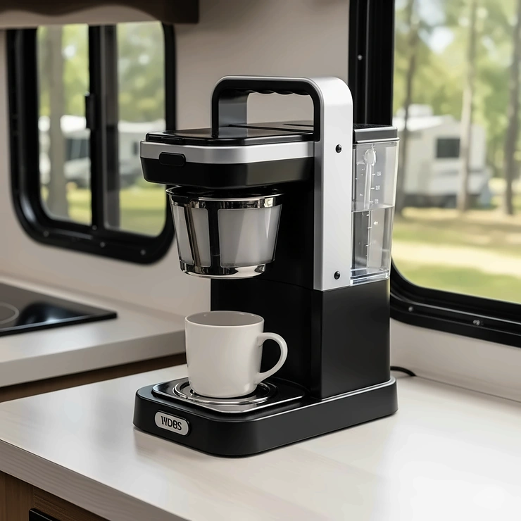 A small, compact coffee maker that fits easily on an RV counter.