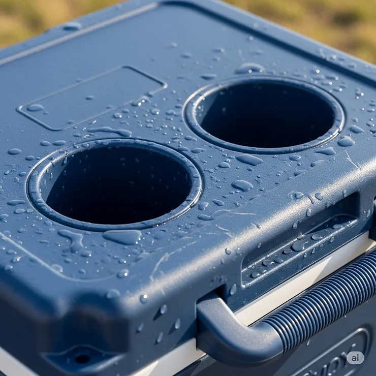 A detailed shot of the lid of a portable cooler with built-in cup holders, a convenient feature for tailgating and campsite relaxation.