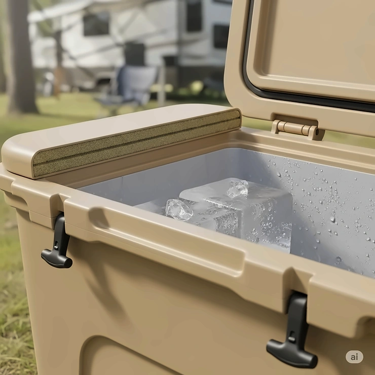Close-up shot of a portable cooler's thick walls and insulated lid, showcasing its superior ice retention capabilities for RV camping adventures.